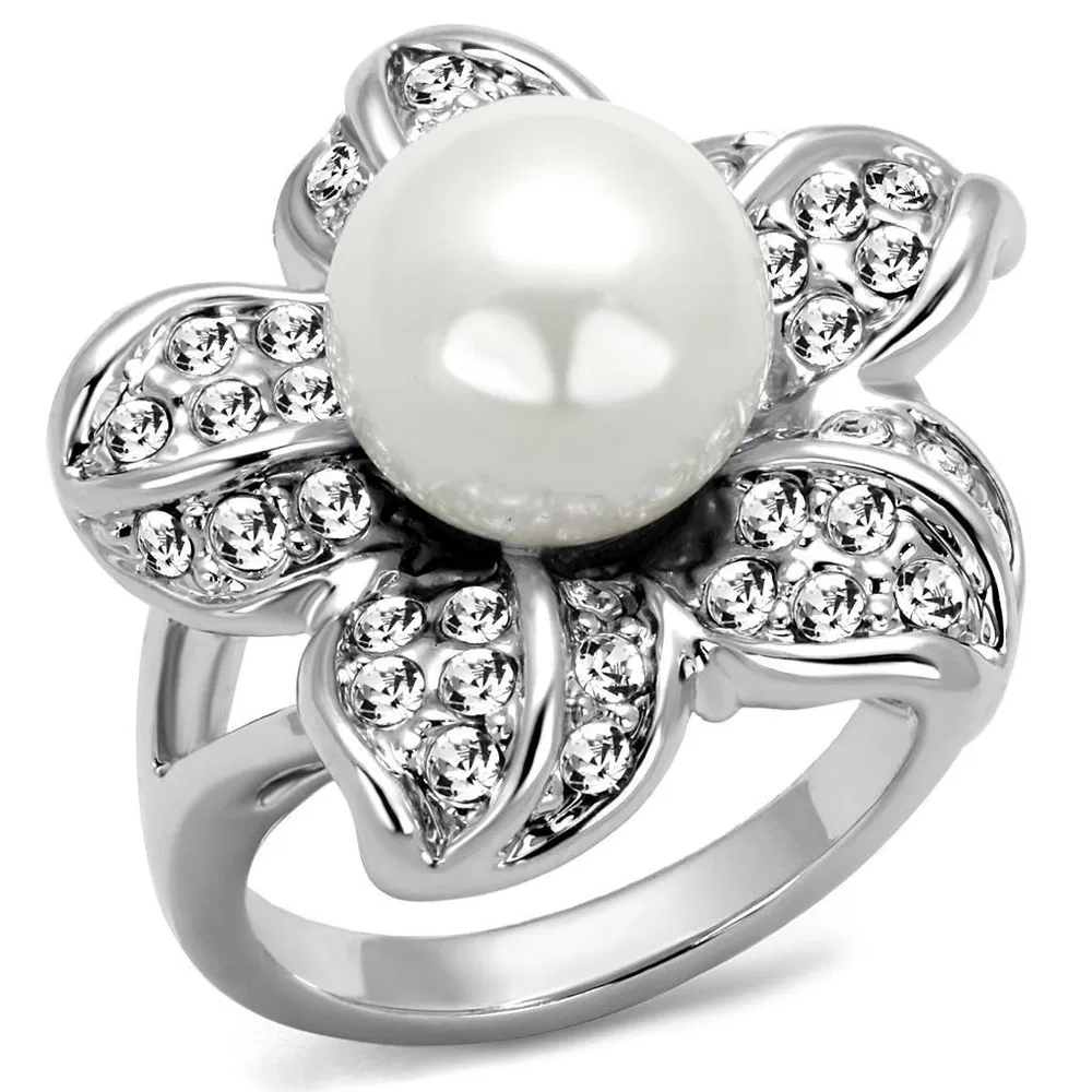 LO4088 - Rhodium Brass Ring with Synthetic Pearl in White - Grocery