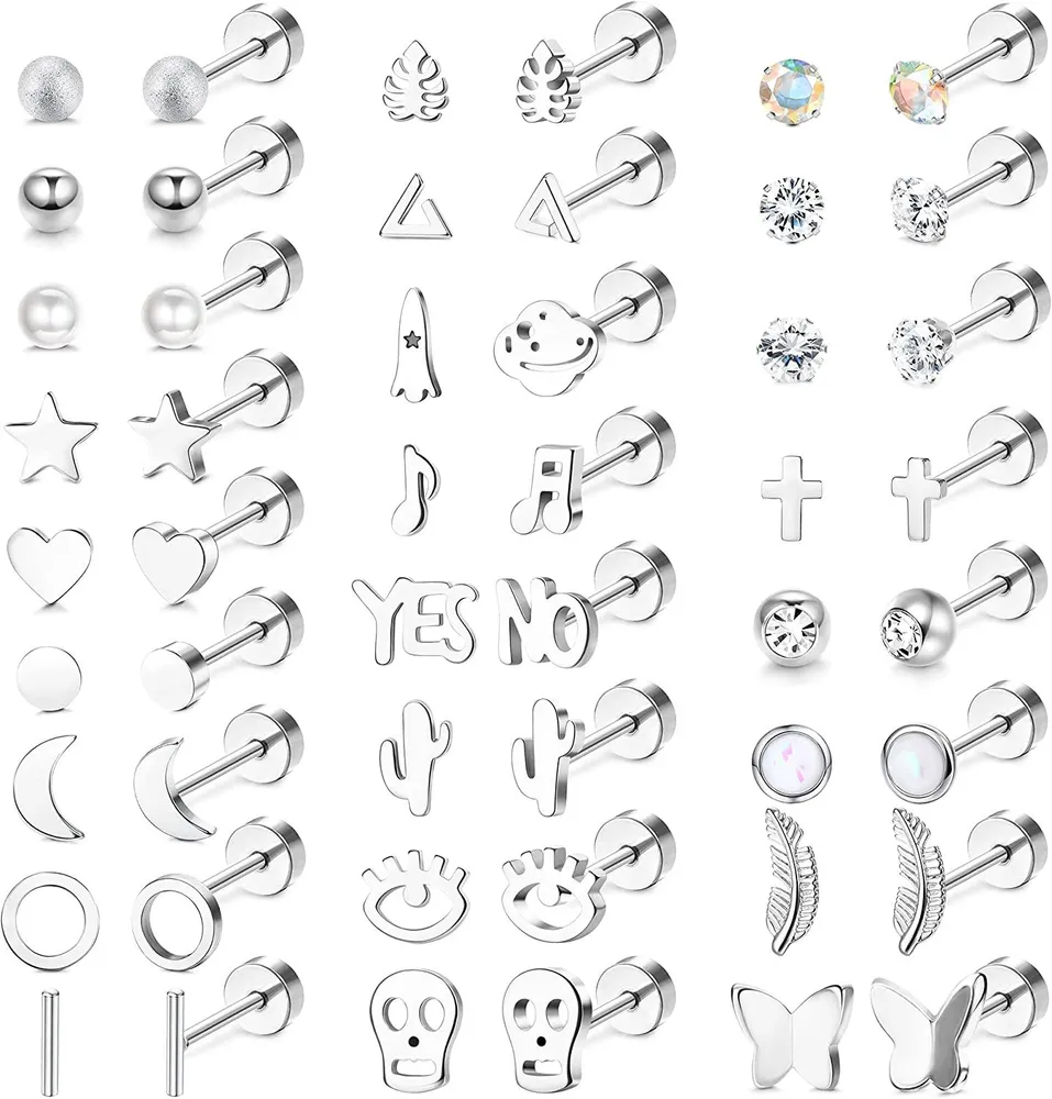 25 Pairs Stud Earrings for Women Men Stainless Steel Earrings Moon Star Heart Cross Cartilage Earrings Disc Ball CZ Butterfly Flat Back Earrings Set - Grocery