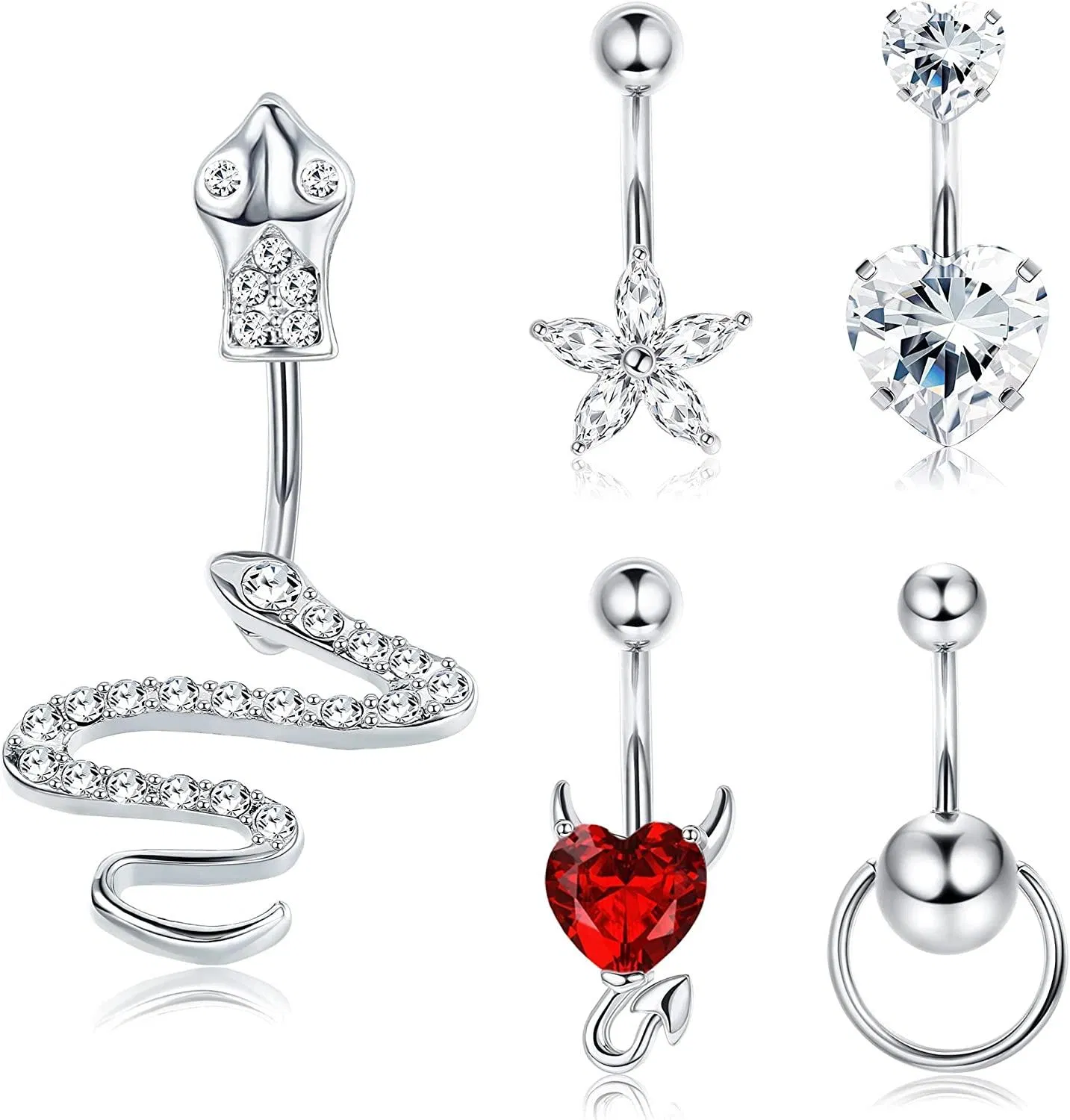 5Pcs 14G Belly Button Rings Dangle for Women Stainless Navel Ring Body Piercing Jewelry - Grocery