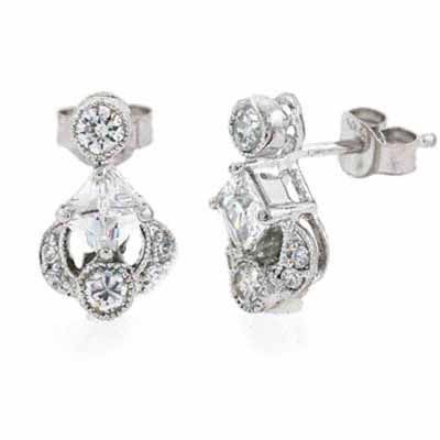 Sterling Silver Round Princess Diamond CZ Drop Earrings - Grocery