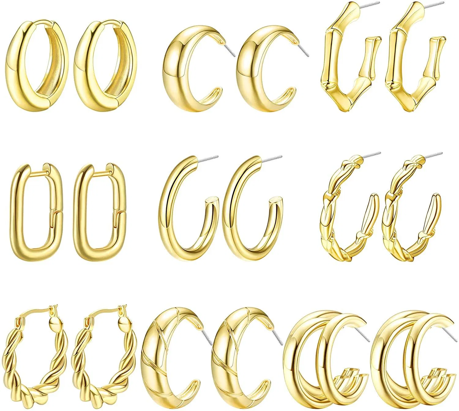 9 Pairs Chunky Gold Hoop Earrings Set for Women Hypoallergenic Thick Open Twisted Huggie Hoop Earrings Jewelry - Grocery
