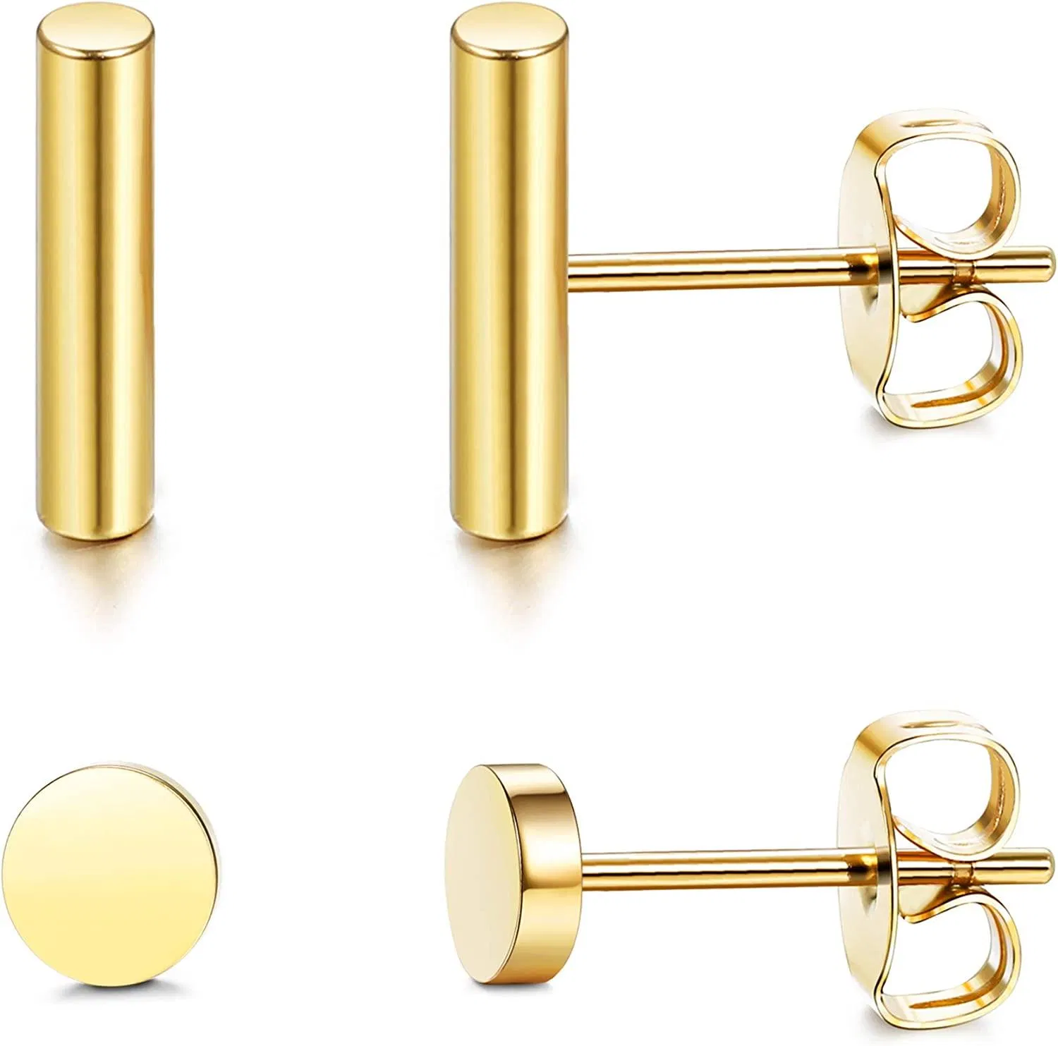 2 Pairs 925 Sterling Silver Bar Dot Stud Earrings Set for Women Men Simplify Round Stick Cylinder Earrings Hypoallergenic - Grocery