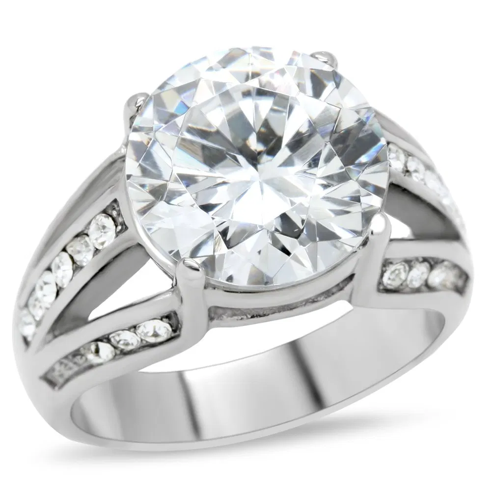 TK187 - High polished (no plating) Stainless Steel Ring with AAA Grade CZ in Clear - Grocery