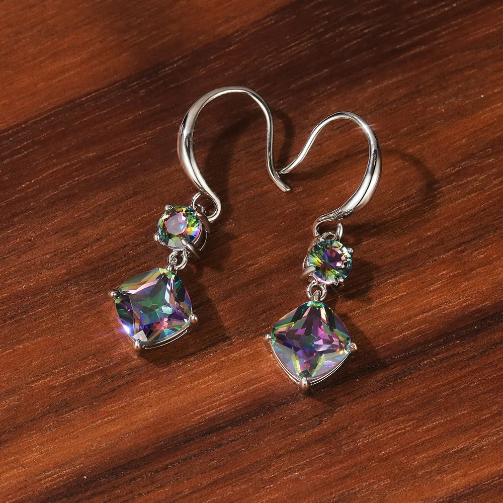 Elagant 925 Silver Plated Rainbow Mystic Topaz Drop Hook Earrings For Women Engagement Wedding Ear Jewelry - Grocery
