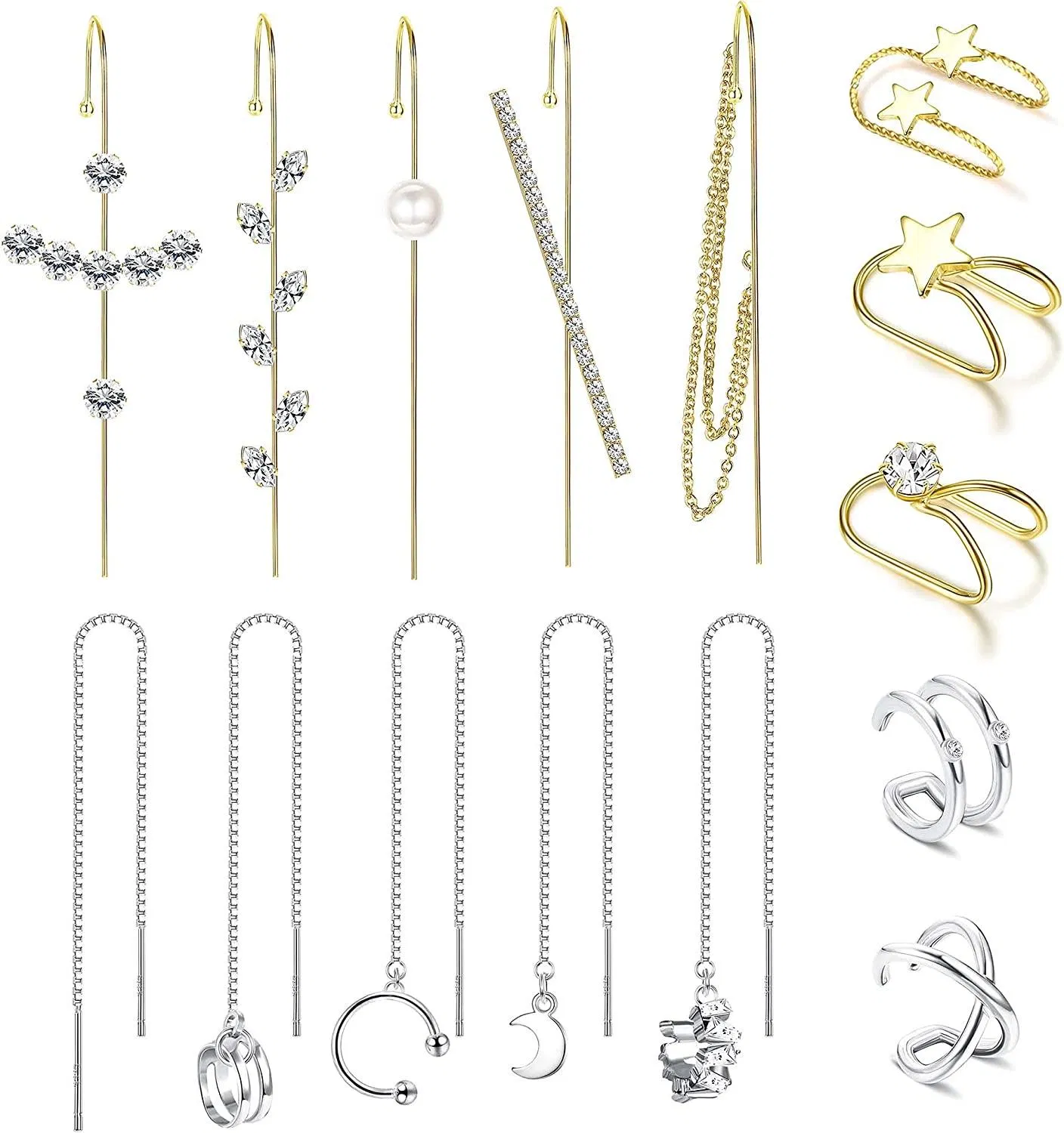 15Pcs Ear Wrap Crawler Hook Earrings Cuff Chain Earrings For Women Gold Silver Threader Earrings Ear Cuffs - Grocery