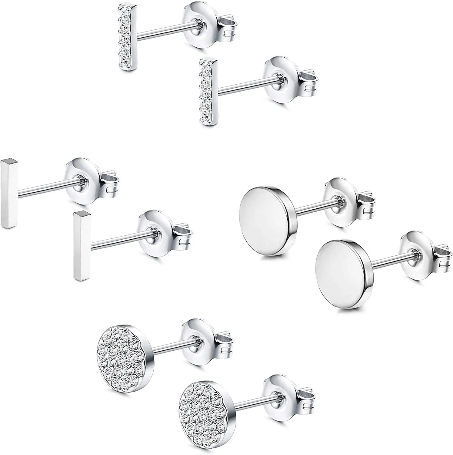 4 Pairs 925 Sterling Silver Ear Pins Stainless Bar Dot Round Stud Earrings Set With Austria Crystals for Women - Grocery