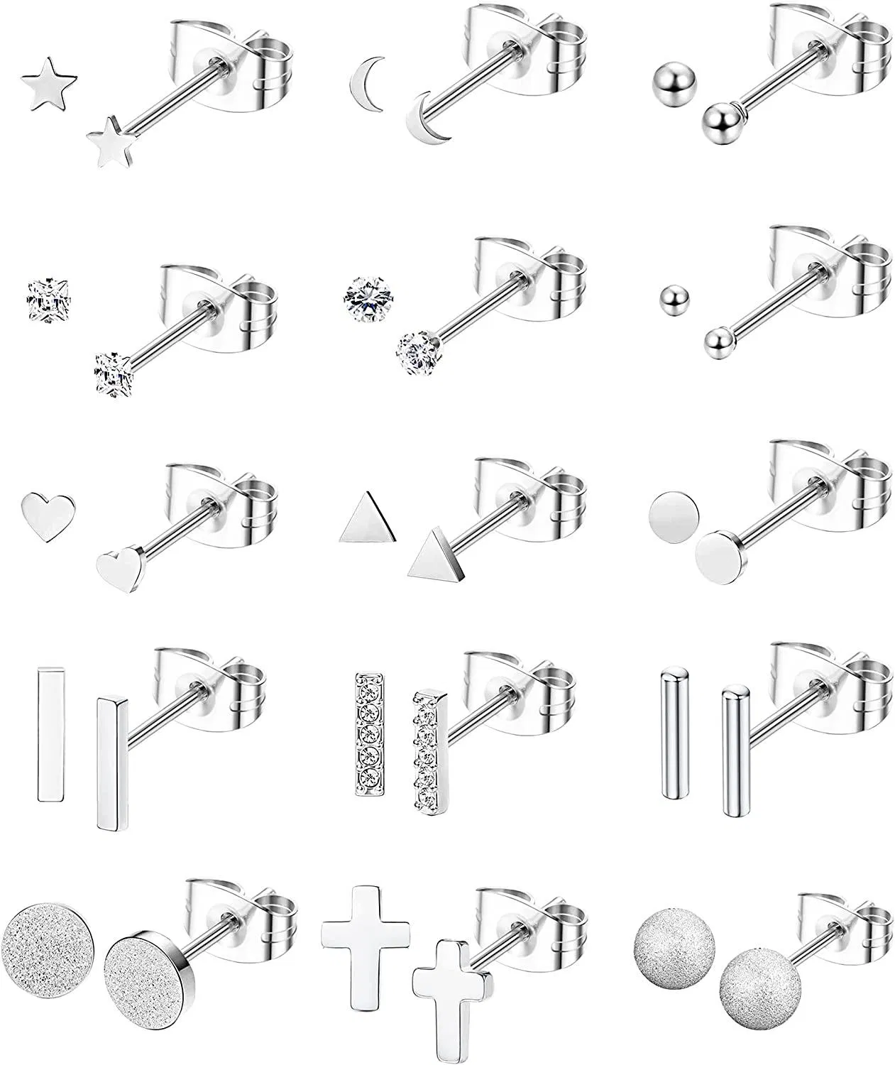 15 Pairs Stainless Steel Stud Earrings for Women Small CZ Heart Star Moon Triangle Bar Ball Stud Earrings Cartilage Helix Ear Piercing Set 20G - Grocery