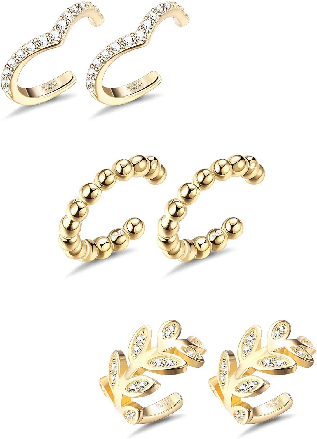3Pairs Sterling Silver Ear Cuff for Women Helix Cartilage Cuff Adjustable Fashion Earrings for Women Non-pierced Clip On Cubic Zirconia Small Hoop Earrings - Grocery