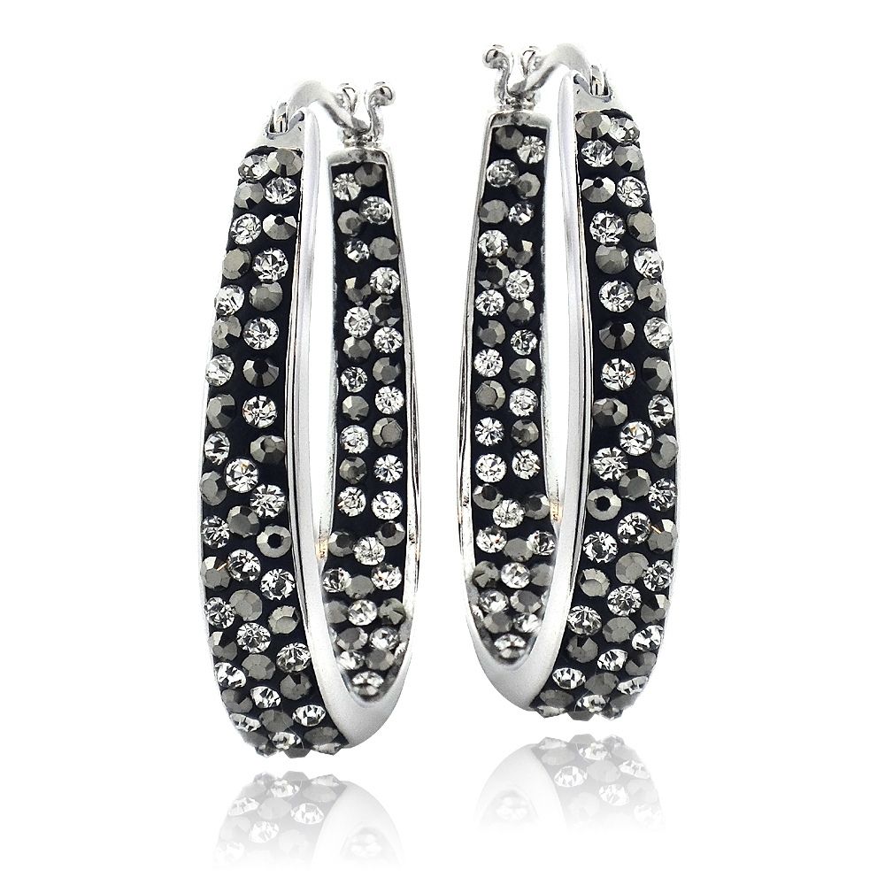 Silver Tone Gray Crystal Ombre Inside-Out Oval Hoop Earrings - Grocery