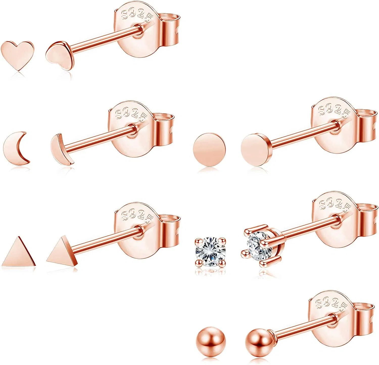 6 Pairs Tiny Stud Earrings for Women 925 Sterling Silver Mini Heart Moon Triangle Earrings Small Disc Dot CZ Ball Earrings - Grocery