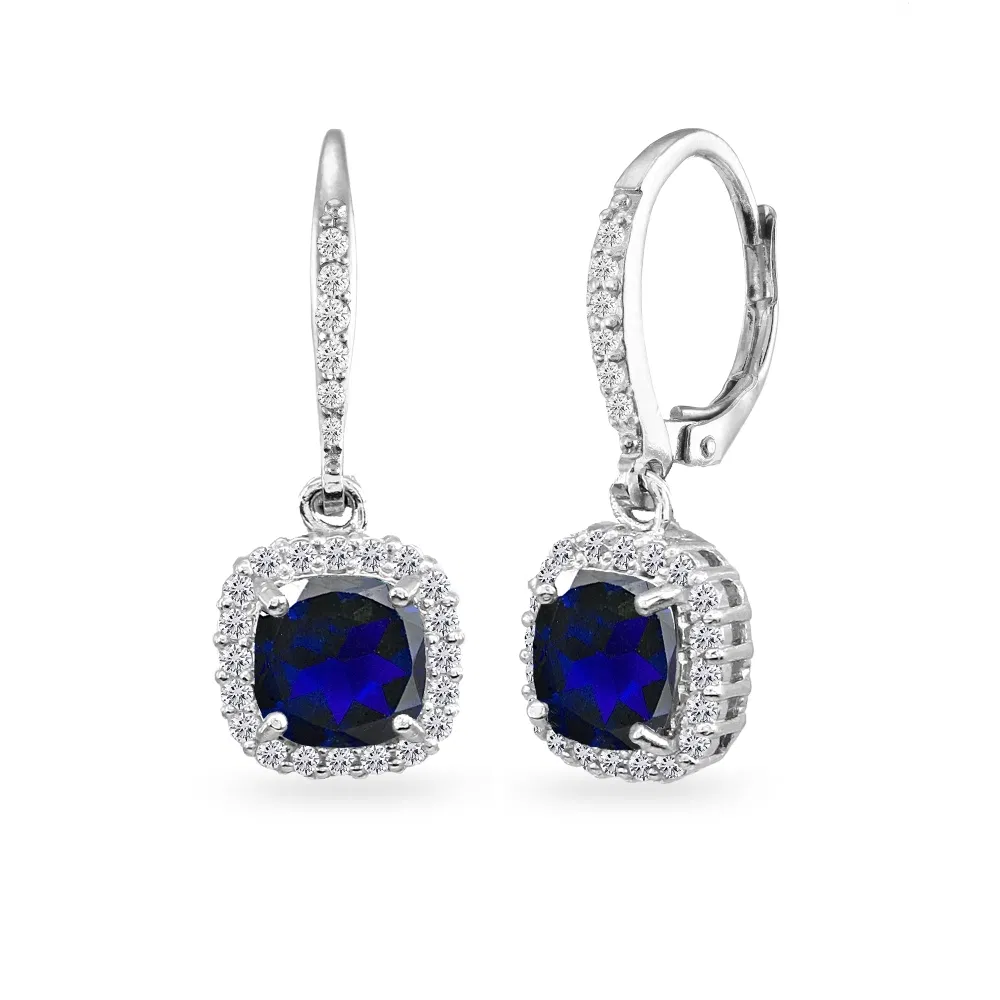 925 Silver Created Blue Sapphire Cushion-Cut Dangle Earrings with White Topaz - Grocery