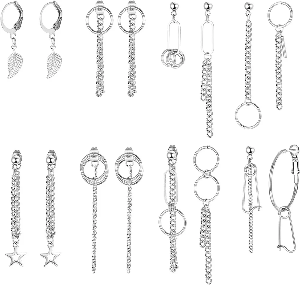 8Pairs Stainless Hoop Dangle Earrings Hinged Hoop Earrings Long Chain Pendant Earrings for Men Women - Grocery