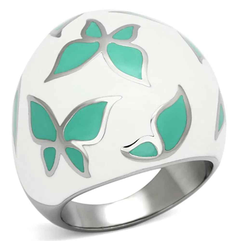 TK1137 - High polished (no plating) Stainless Steel Ring with Epoxy in Emerald - Grocery