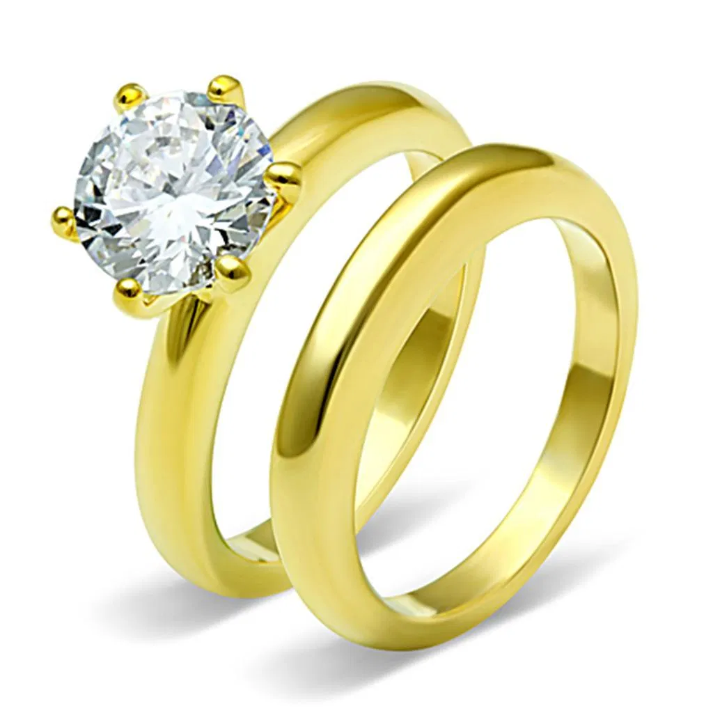 TK097G - IP Gold(Ion Plating) Stainless Steel Ring with AAA Grade CZ in Clear - Grocery