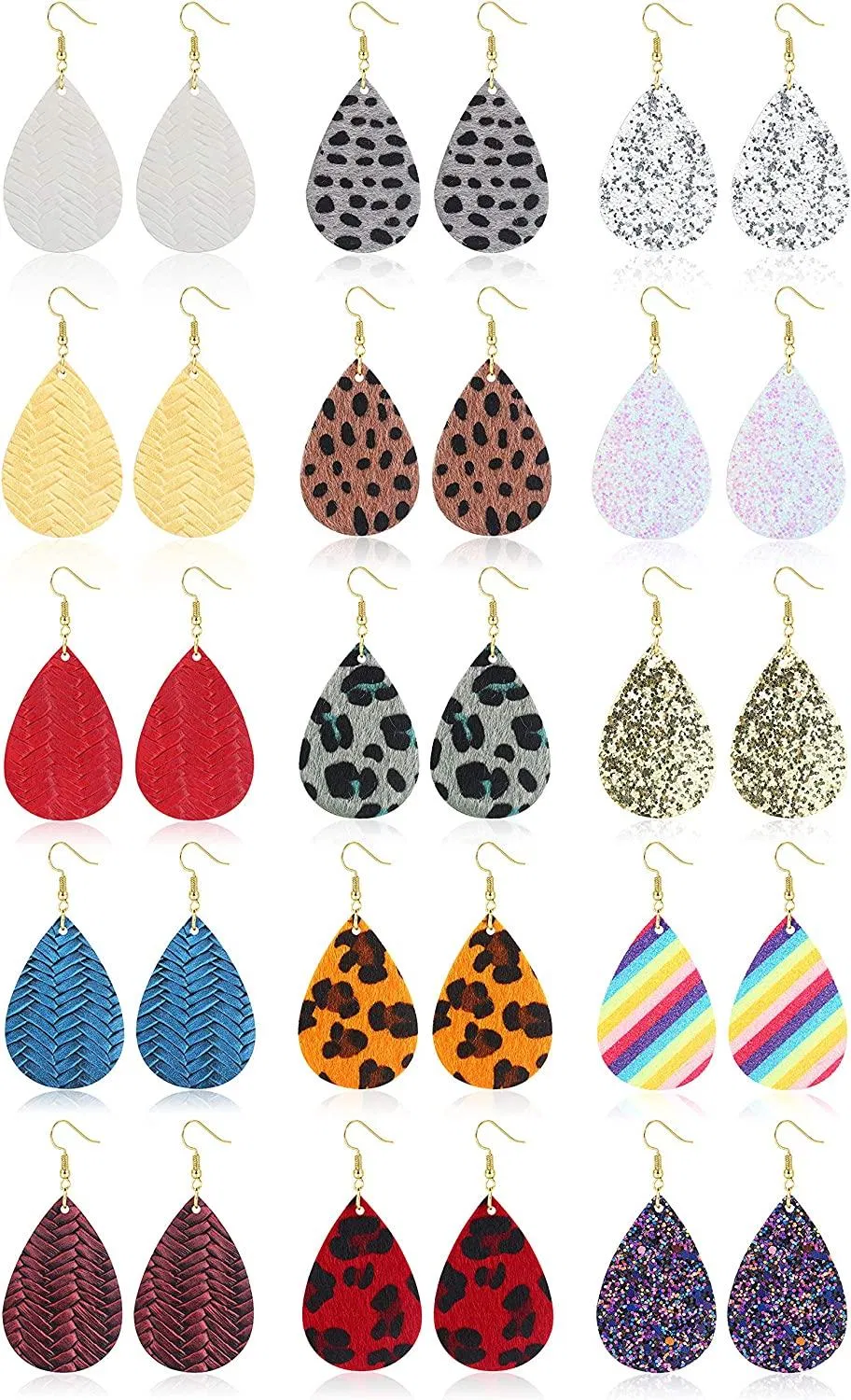 15 Pairs Leather Earrings for Women Lightweight Teardrop Dangle Earrings Multiple Color Leopard Printed - Grocery