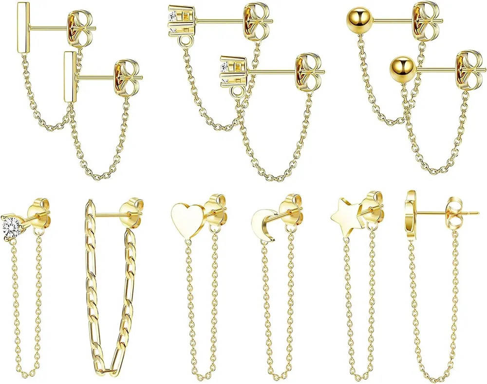 Chain Stud Earrings Set for Women CZ Dangle Earrings Ball Stud Earring Bar Stud Earrings Huggie Hoop Piercing Earrings Jewelry Gift - Grocery