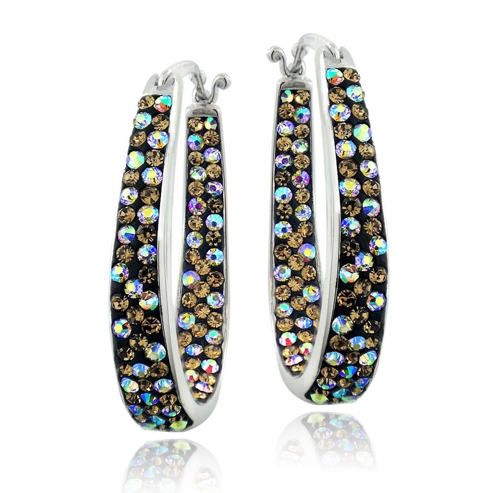 Silver Tone Yellow Crystal Ombre Inside-Out Oval Hoop Earrings - Grocery