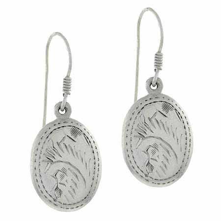 Sterling Silver Etched Design Oval Dangle Earrings - Grocery