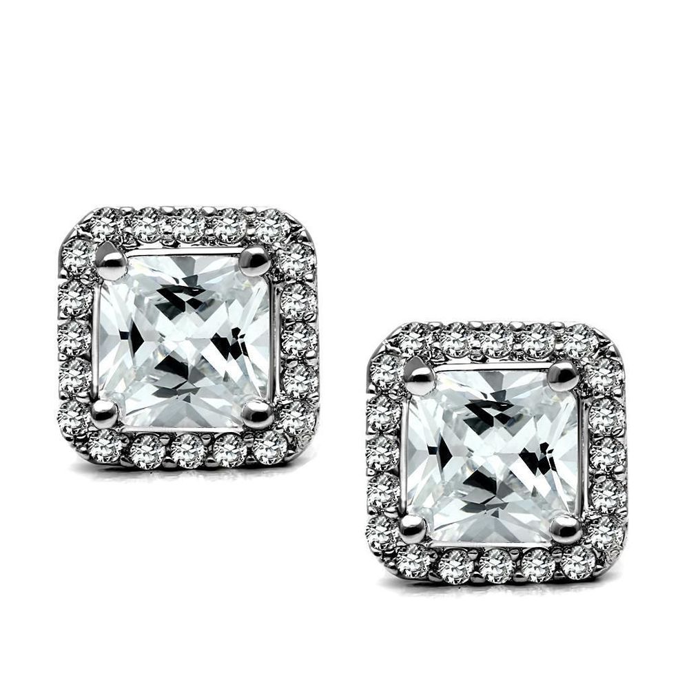 TK2881 - High polished (no plating) Stainless Steel Earrings with AAA Grade CZ in Clear - Grocery