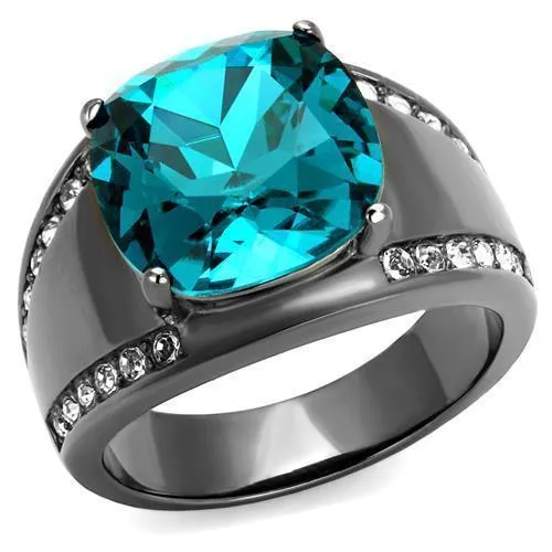 TK2678 - IP Light Black (IP Gun) Stainless Steel Ring with Top Grade Crystal in Blue Zircon - Grocery