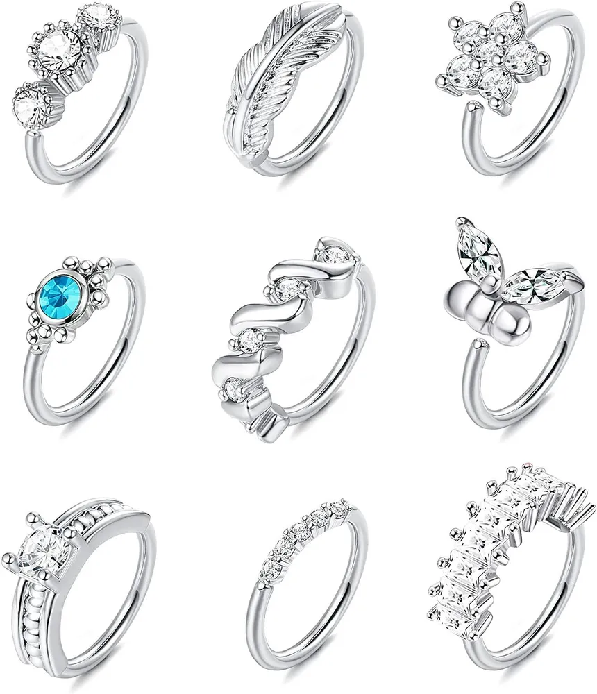 9Pcs 20G Stainless Nose Ring Hoop Paved CZ Leaf Butterfly Cartilage Earring for Women Body Ear Piercing Hoop Ring for Nose Ear Cartilage 8mm - Grocery
