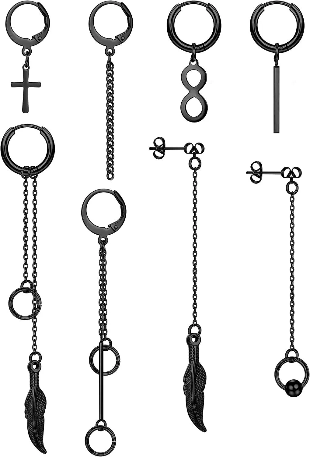 8 Pcs Chain Hoop Dangle Earrings Set for Women Men Stainless Hinged Cross Kpop Feather Long Chain Huggie Hoop Earrings - Grocery