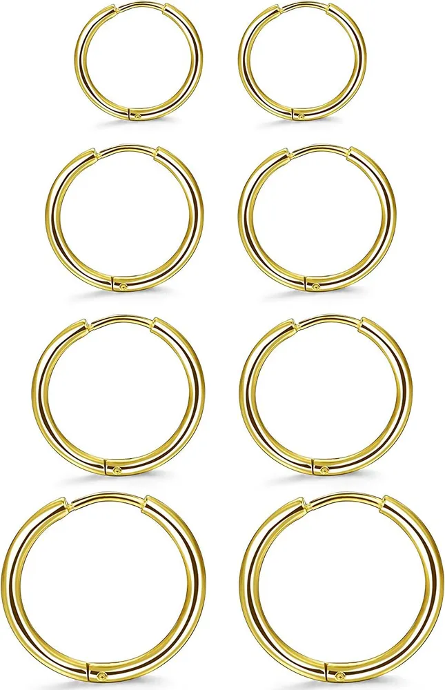 4 Pairs Stainless Hoop Cartilage Earrings Set Huggie Trague Endless Earrings for Men Women; 10MM-16MM - Grocery