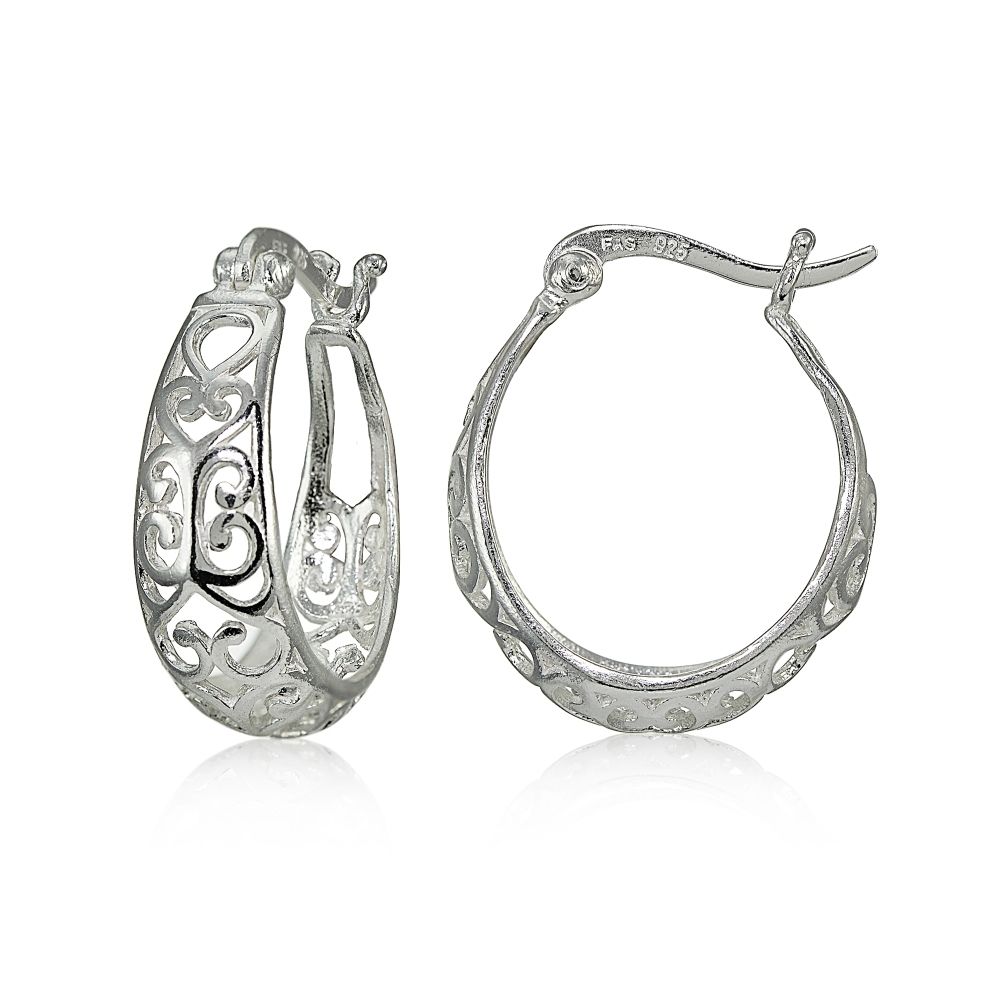 Sterling Silver High Polished Heart Filigree Oval Hoop Earrings - Grocery