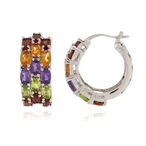 Sterling Silver Multi Gemstone Three Row Hoop Earrings - Grocery