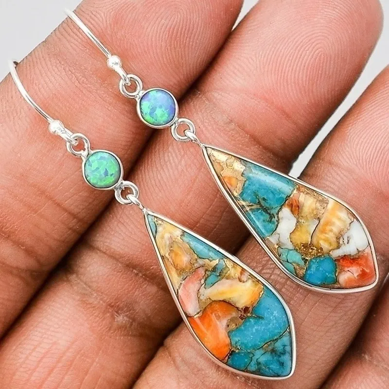 Silver Plated Natural Turquoise Natural Gemstones Earrings Wedding Engagement Bride Jewelry - Grocery