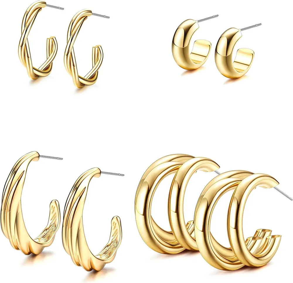 4 Pairs Gold Hoop Earrings for Women 14K Gold Plated Thick Chunky Open Hoops Lightweight Twisted Earring Set - Grocery