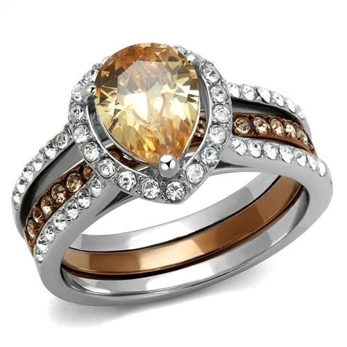 TK2961 - Two Tone IP Light Brown (IP Light coffee) Stainless Steel Ring with AAA Grade CZ in Champagne - Grocery