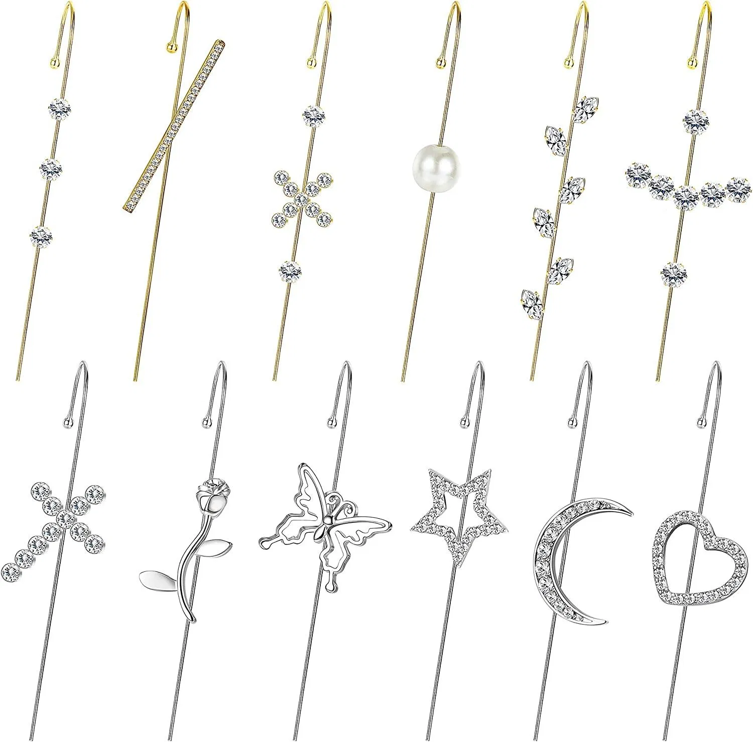 12 PCS Ear Wrap Crawler Hook Earrings Ear Cuff Climbers Pin Hook Earrings Ear Crawler Earrings for Women - Grocery
