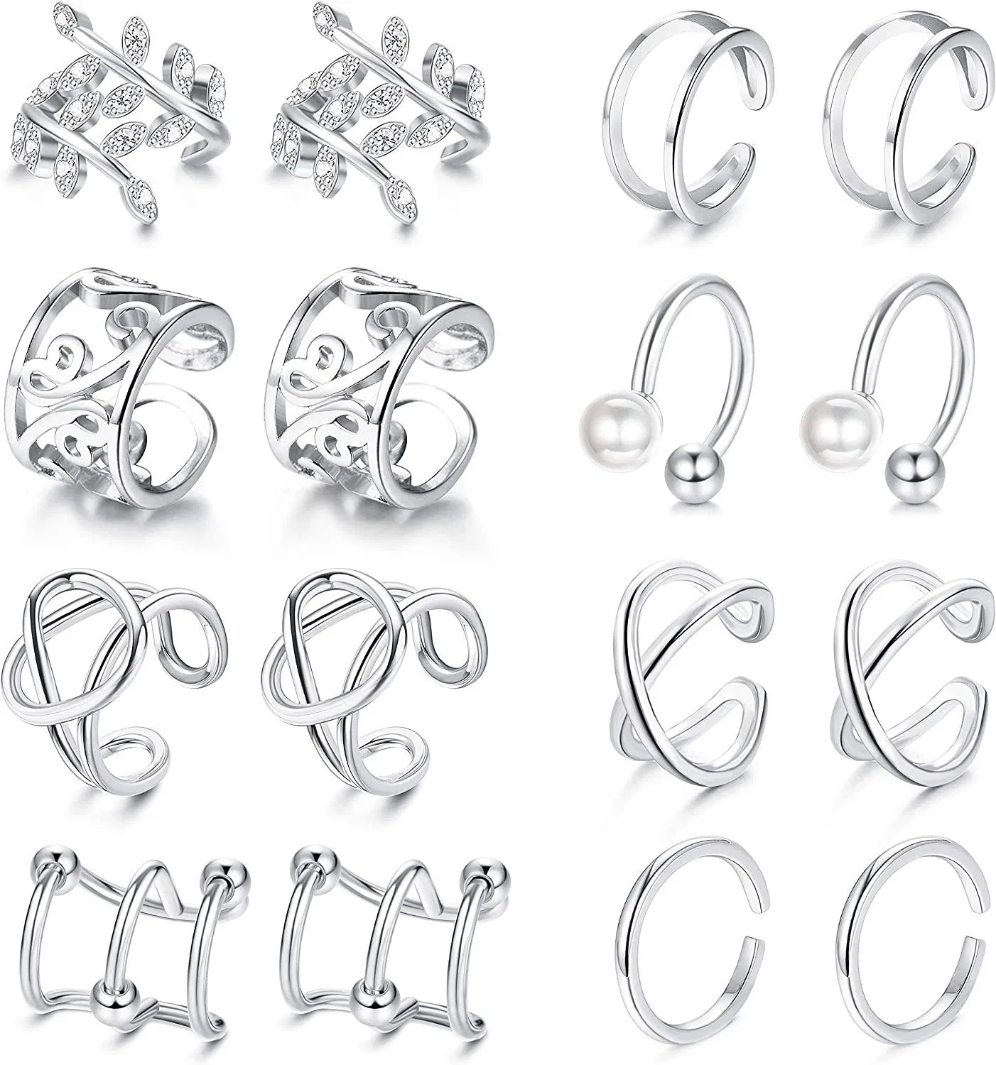 8 Pairs Ear Cuff for Women Men Helix Cartilage Conch Wrap Ear Piercing Non Piercing Fake Clip On Earrings Adjustable Tone - Grocery