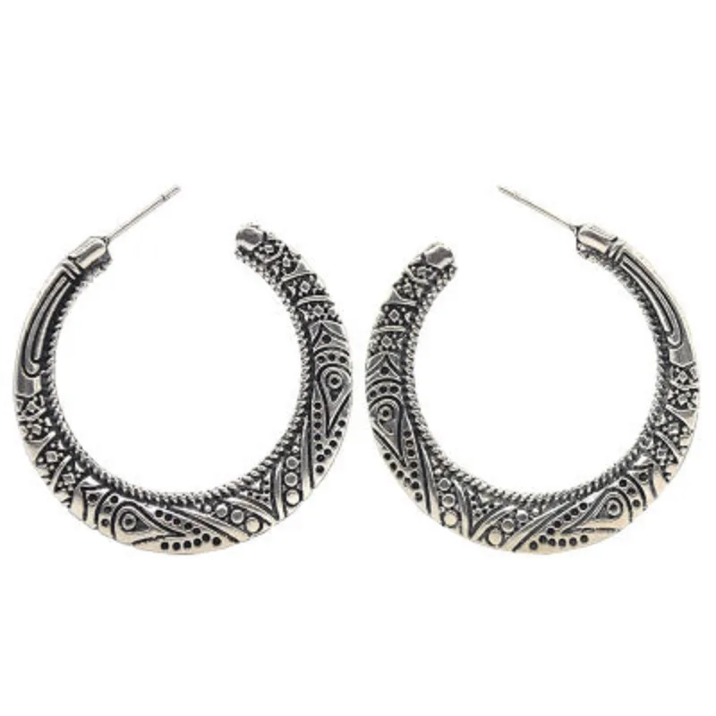 Stud Hoop Earrings Lightweight Vintage Engraved Round Dome Half Large for Women 925 Sterling Silver - Grocery