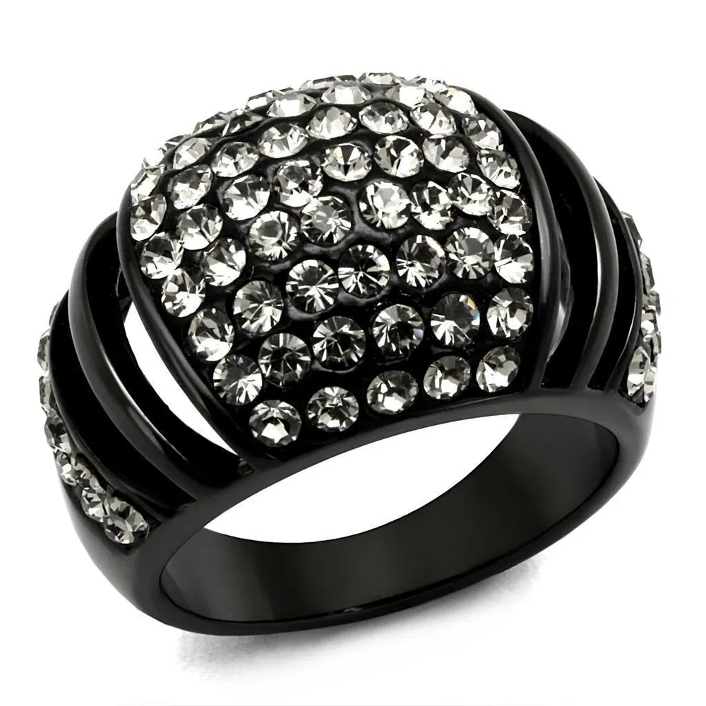 TK2643 - IP Black(Ion Plating) Stainless Steel Ring with Top Grade Crystal in Hematite - Grocery