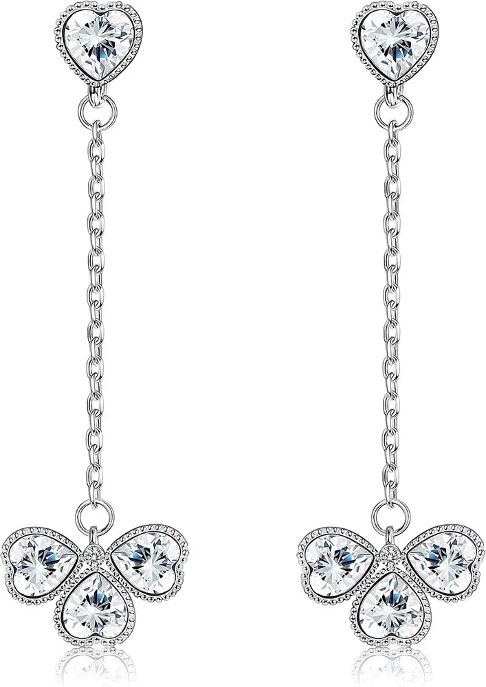 Hearts Dangling Linear Earrings for Women Made with Austria Crystals Flower Shaped Long Earrings Love Gift - Grocery