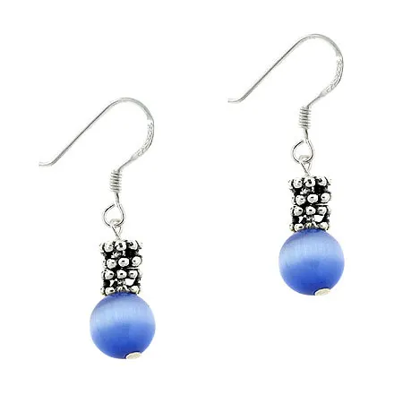 Sterling Silver Blue Cats Eye & Bali Bead Dangle Earrings - Grocery