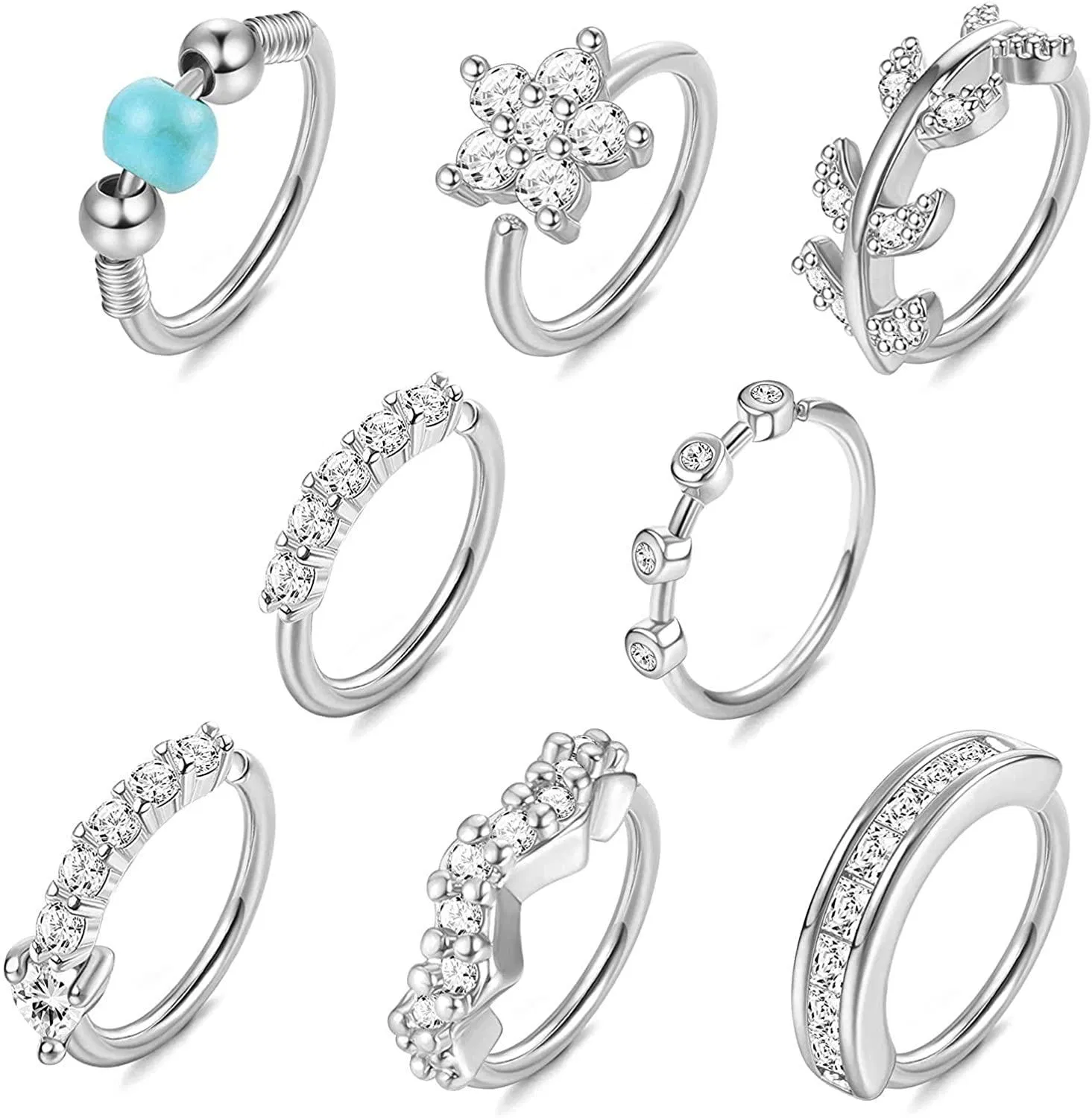 8 Pcs 20G Nose Ring Hoop for Women Stainless Steel Paved CZ Crawler Hoop Earrings Leaf Flowers Lip Helix Cartilage Earrings Nose Piercing Hoop 8mm - Grocery