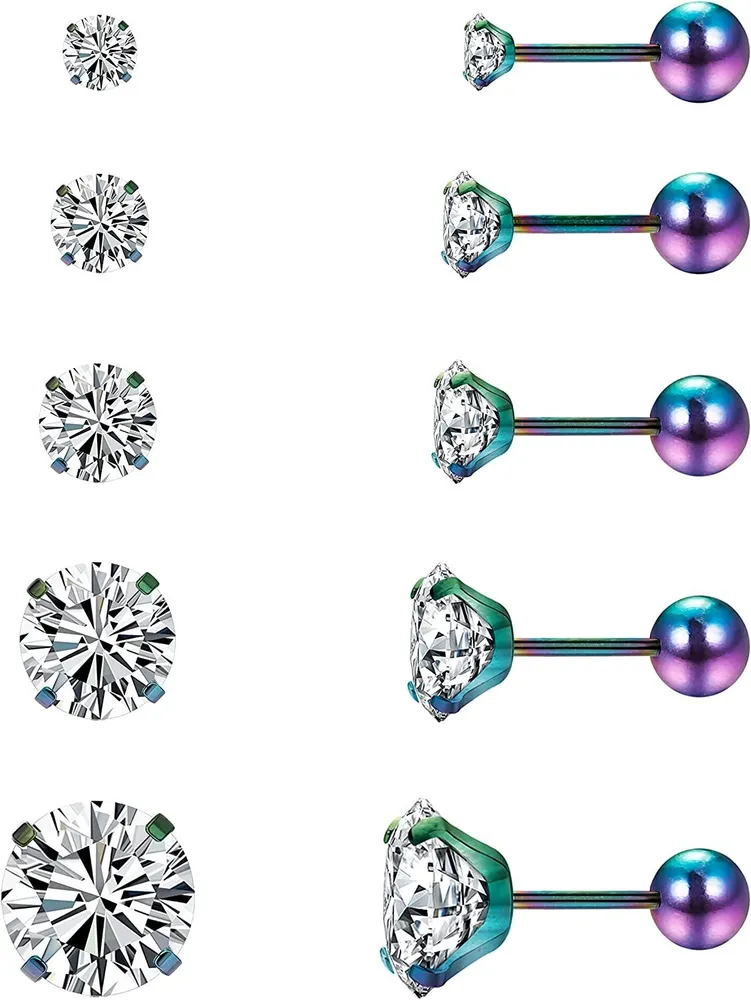 CZ Stud Earrings for Women Men 3-8MM Round Cubic Zirconia Earring Studs Surgical Cartilage Helix Tragus Stud Earring Set 5 Pairs - Grocery
