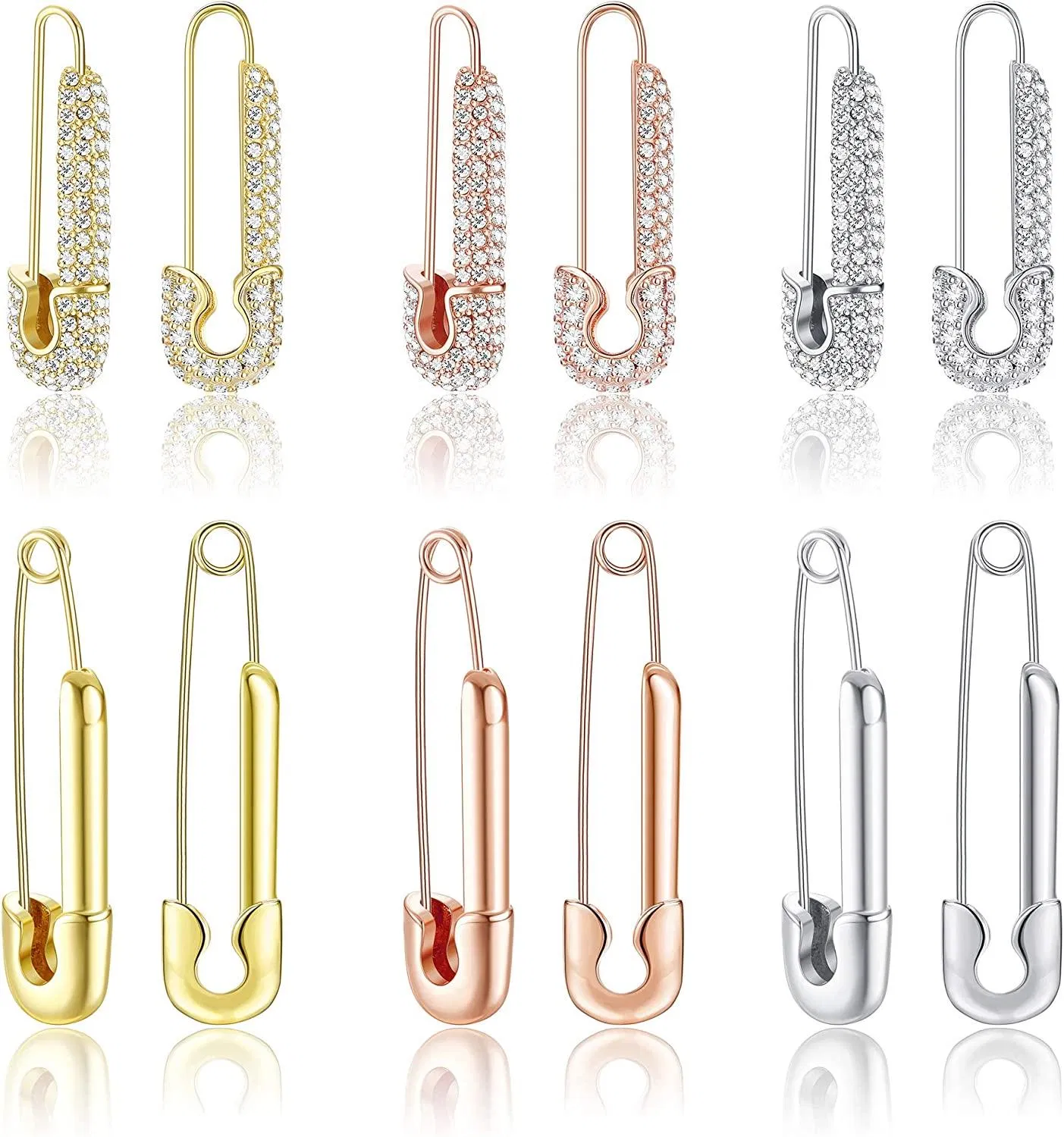 6 Pairs Safety Pin Earrings for Women Men Gold Plated Paper Clip Earrings Cubic Zirconia Statement Minimalist Earrings Set Fashion Jewelry - Grocery