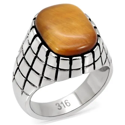 TK129 - High polished (no plating) Stainless Steel Ring with Synthetic Tiger Eye in Topaz - Grocery