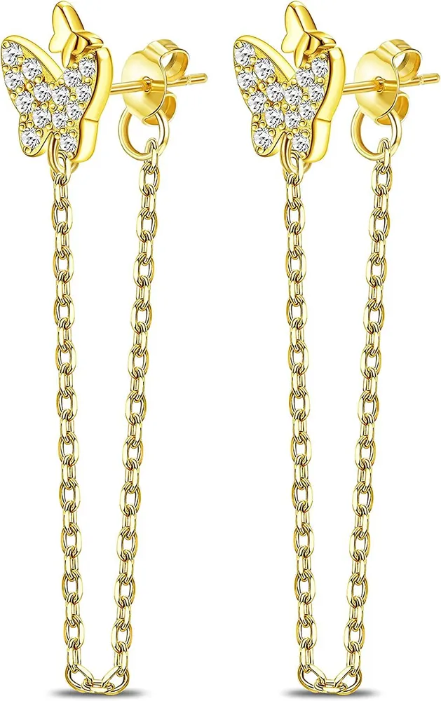 925 Sterling Silver Butterfly Chain Stud Earrings for Women 14K Gold Plated Drop Chain Dangle Earrings Hypoallergenic Jewelry - Grocery