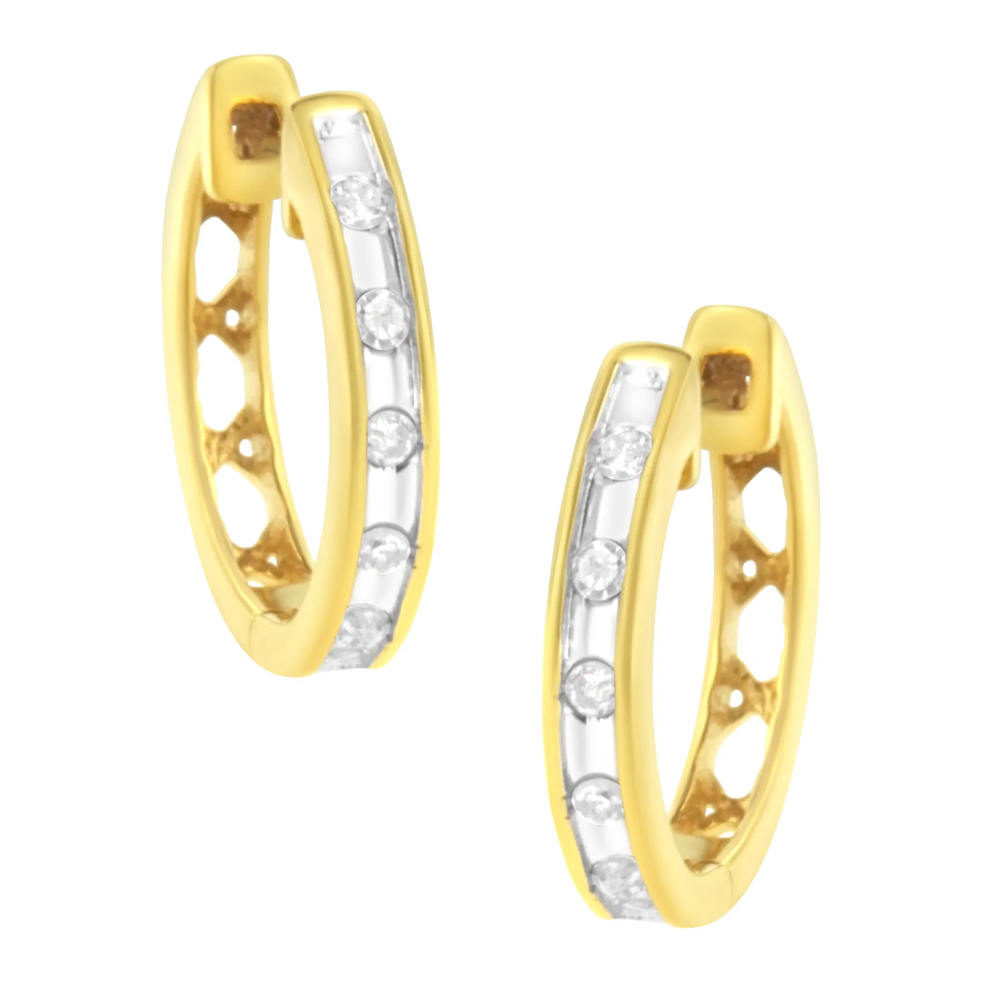 10K Yellow Gold Plated .925 Sterling Silver Channel Set Round-Cut Diamond Accent Classic Hoop Earrings (I-J Color, I1-I2 Clarity) - Grocery