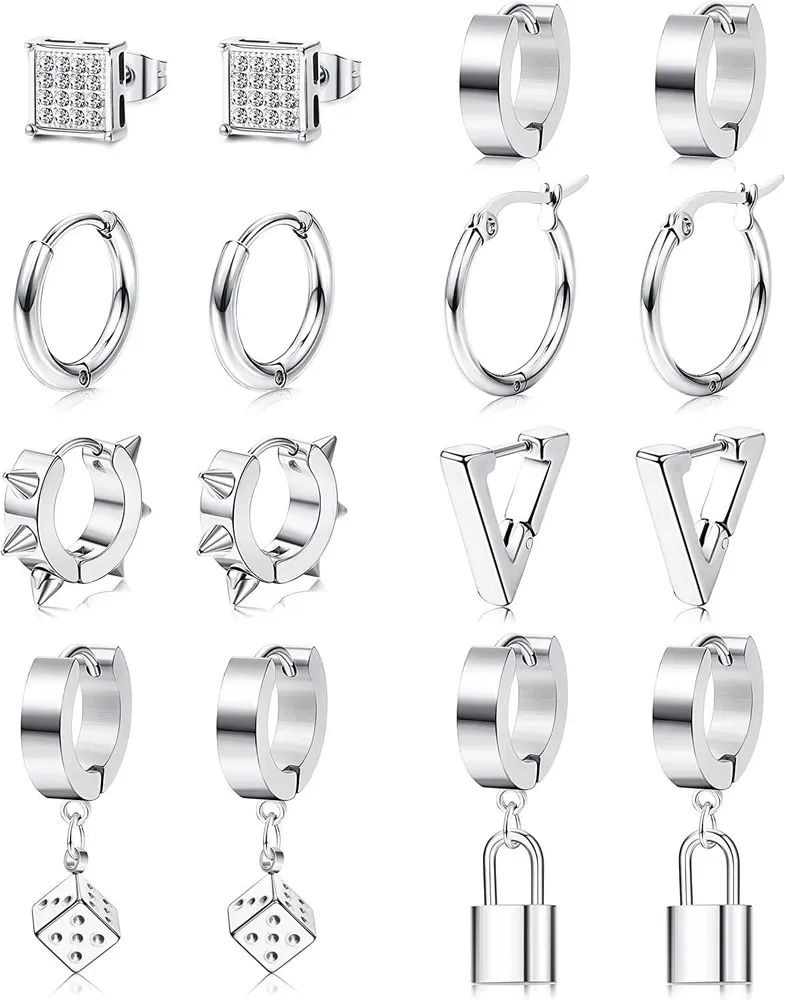 8 Pairs Black Silver Stainless Earrings for Men CZ Square Stud Earring Huggie Hoop Lock Dangle Mens Earring Set - Grocery