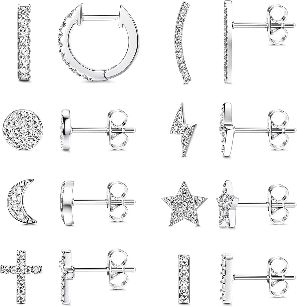 8 Pairs Stainless Steel Stud Earrings CZ Minimalist Cuff Earrings Huggie Stud Star Moon Cross Disc Bar Cute Tiny Geometric Stud Earrings Set for Women - Grocery