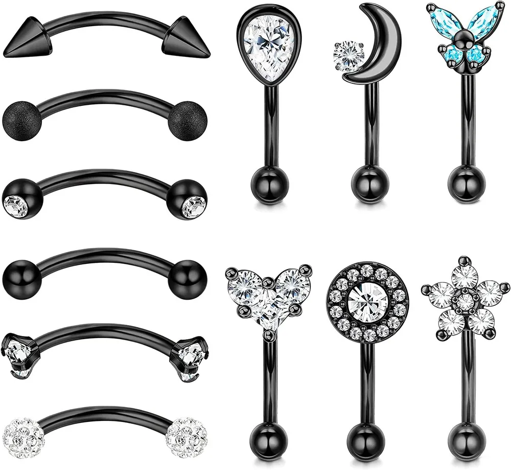 12Pcs Rook Eyebrow Piercing Jewelry 16G Eyebrow Lip Short Belly Rings Curved Barbell Daith Rook Earrings for Women - Grocery