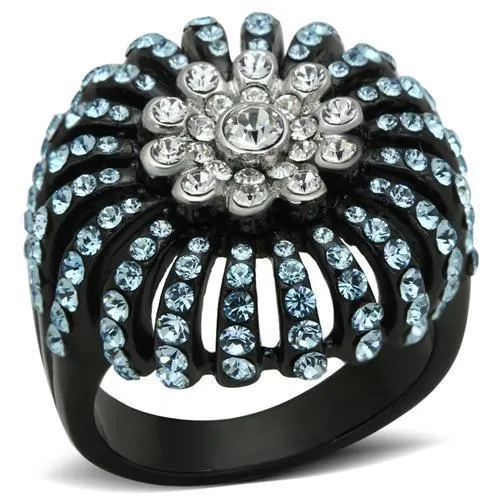 TK1442 - Two-Tone IP Black Stainless Steel Ring with Top Grade Crystal in Sea Blue - Grocery