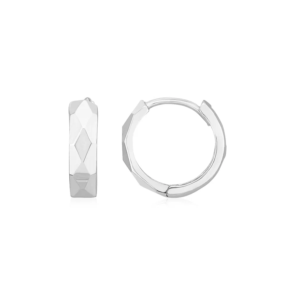 14K White Gold Diamond Motif Faceted Huggie Earrings(12.9mm) - Grocery