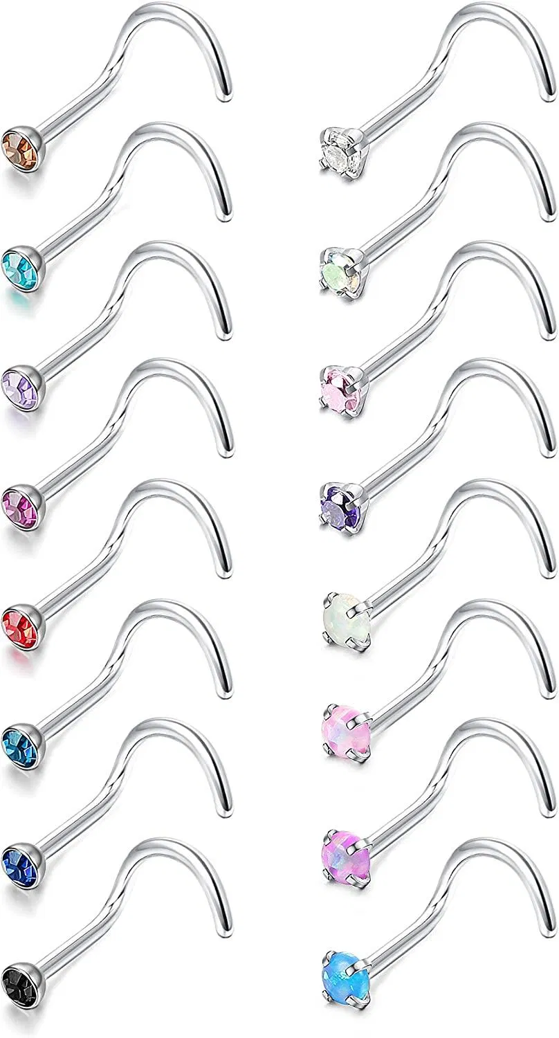 Stud Nose Rings 18G 20G Stainless Opal CZ L Screw Bone Nose Piercing Stud - Grocery